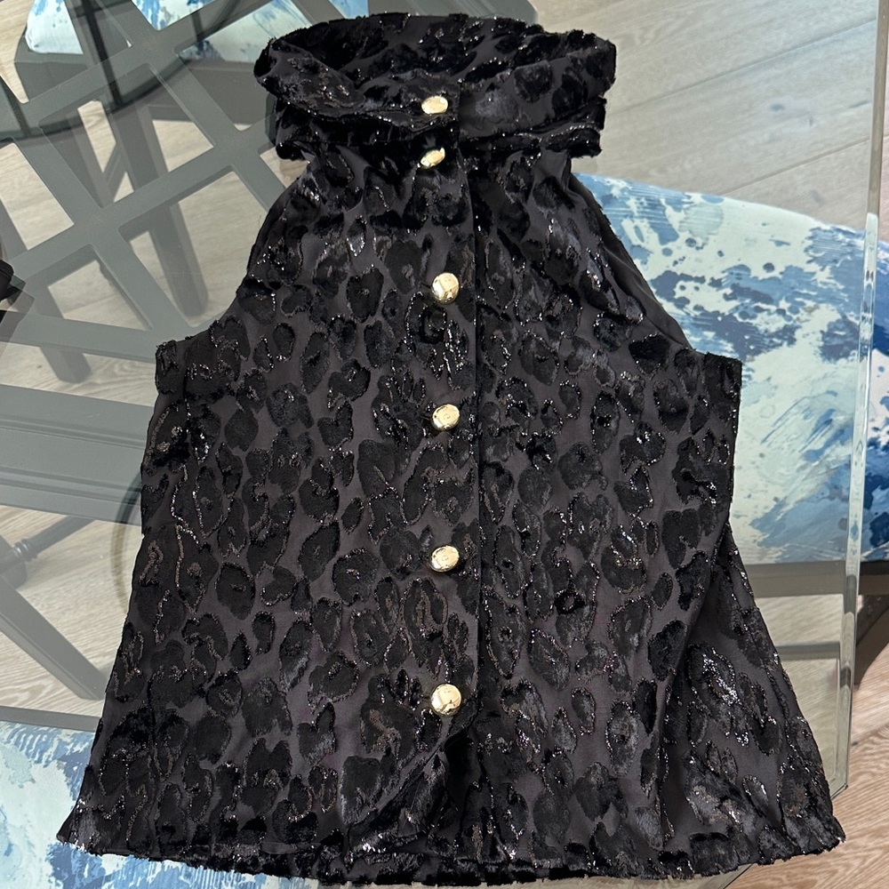 Black Velvet Leopard Print Cowl Neck Top with Gold Button Accents - Picture 3 of 3